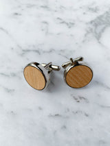 Oatmeal Leather Trim Suspenders, Wooden Bowtie & Cufflinks Set