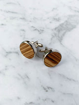 Blue Grey Leather Trim Suspenders, Wooden Bow Tie & Cufflinks Set