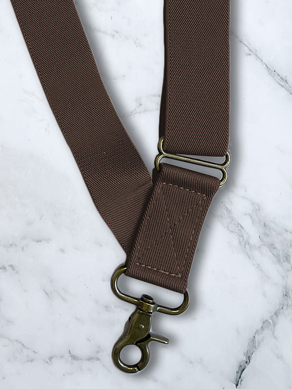 Chocolate Side Trigger Snap X Back Leather Trim Suspenders