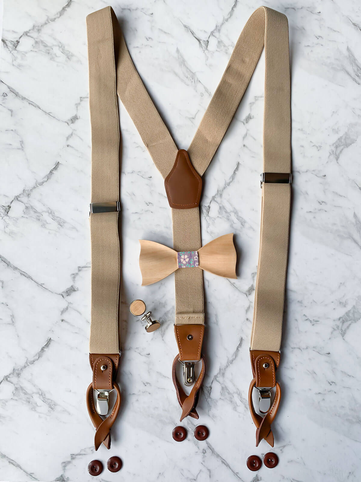 Oatmeal Leather Trim Suspenders, Wooden Bowtie & Cufflinks Set