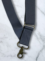 Charcoal Grey Side Trigger Snap X Back Leather Trim Suspenders