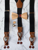 Mens Wooden Bow Tie & Matching Suspenders Set With Wooden Cufflinks | Black Floral Accessories For Men