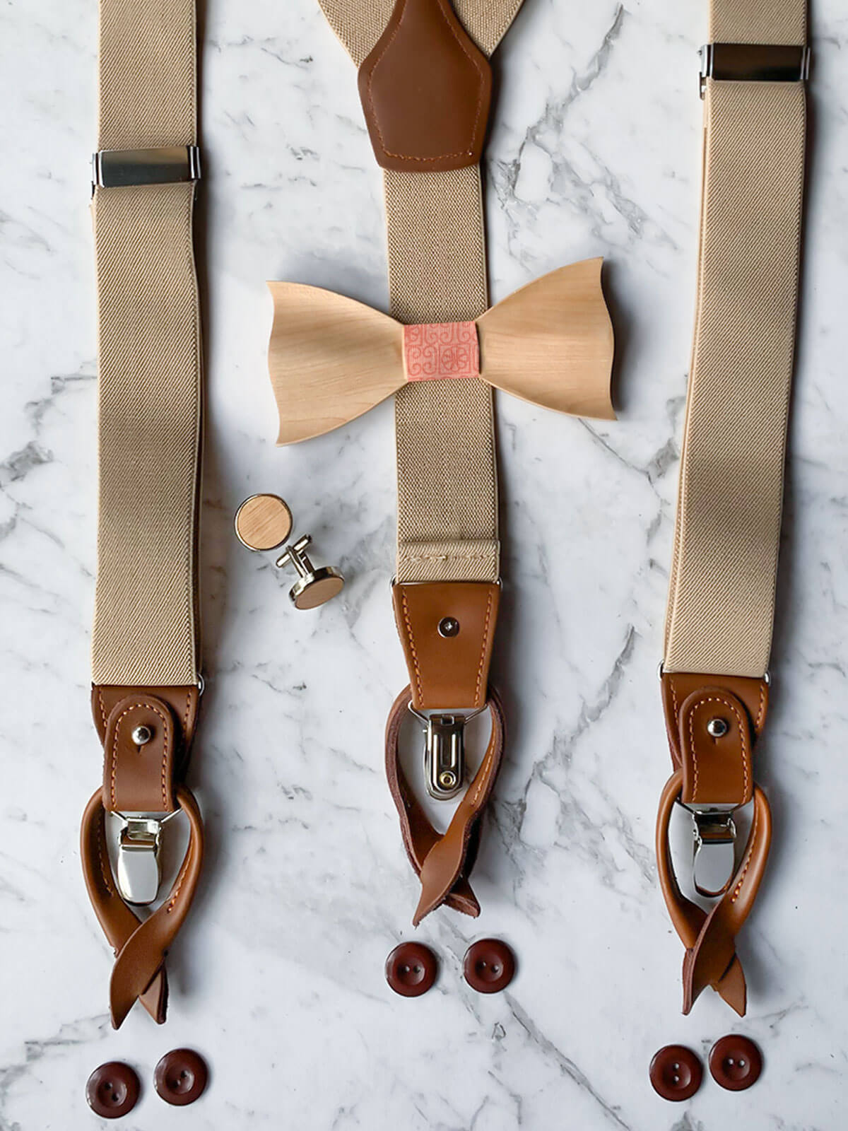 Oatmeal Leather Trim Suspenders, Wooden Bowtie & Cufflinks Set