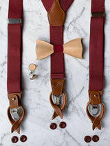 Red Leather Trim Suspenders, Wooden Bowtie & Cufflinks Set