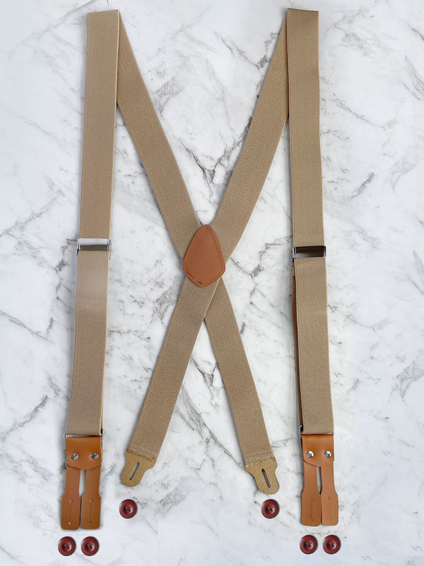 Oatmeal Leather Trim X-Back Button Suspenders