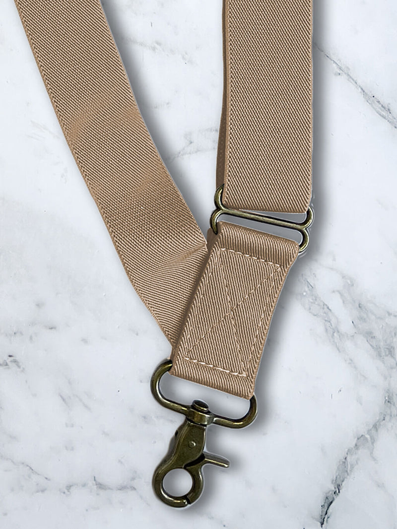Oatmeal Side Trigger Snap X Back Leather Trim Suspenders