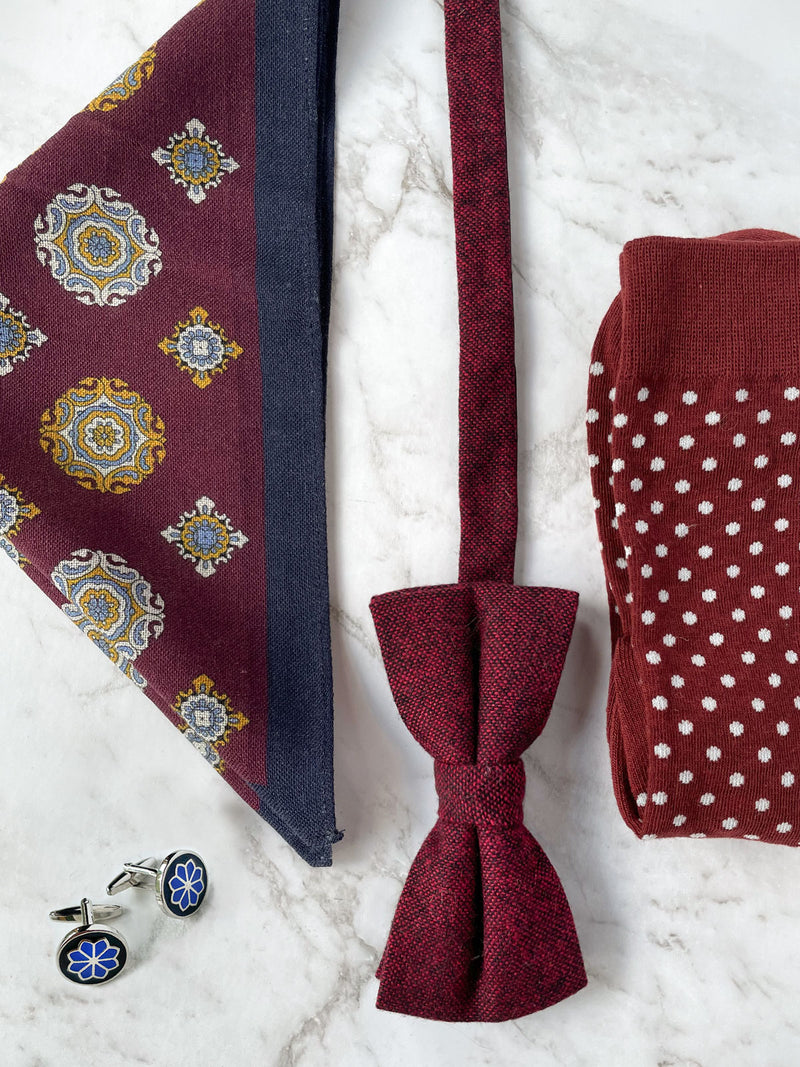 Paisley Circles Burgundy Wool Bow Tie Set