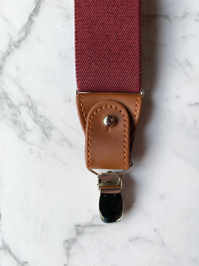 Burgundy Leather Trim Clip/Button Convertible Suspenders