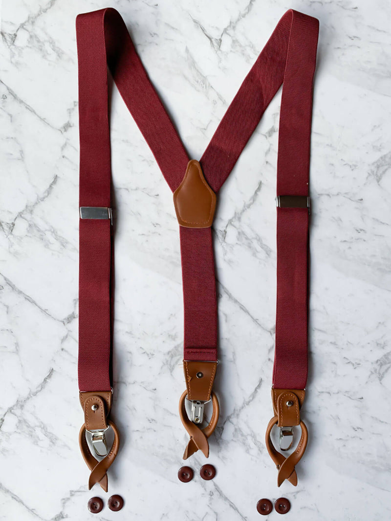 Burgundy Leather Trim Clip/Button Convertible Suspenders