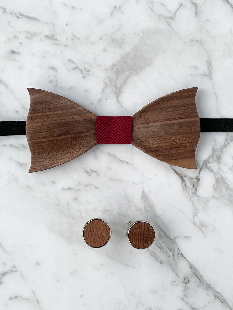 Wooden Bow Tie & Wooden Cufflinks | Dark Wood Walnut & Red Silk Bowtie