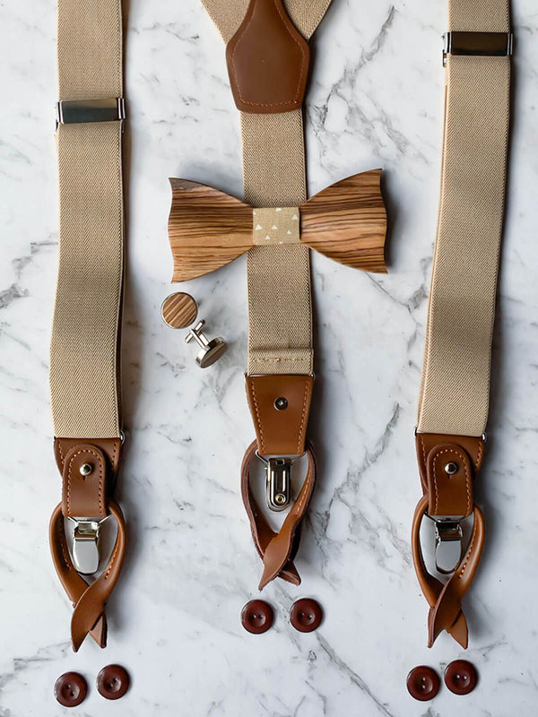 Oatmeal Leather Trim Suspenders, Wooden Bowtie & Cufflinks Set