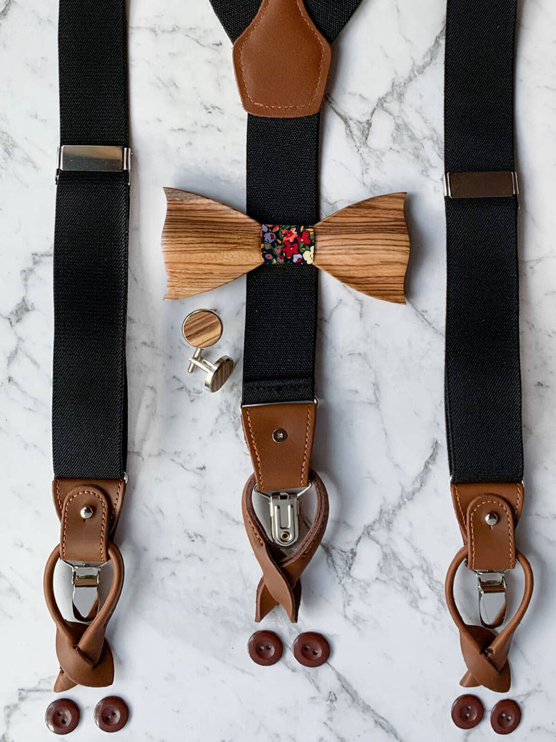 Black Leather Trim Suspenders, Wooden Bowtie & Cufflinks Set