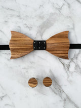 Wooden Bow Tie & Wooden Cufflinks | Zebra Wood Black Silk Bowtie