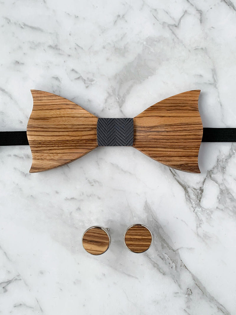 Wooden Bow Tie & Wooden Cufflinks | Zebra Wood Grey Silver Silk Bowtie