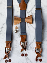 Blue Grey Leather Trim Suspenders, Wooden Bow Tie & Cufflinks Set