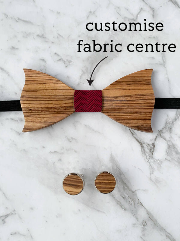 Wooden Bow Tie & Wooden Cufflinks | Zebra Wood Red Silk Bowtie